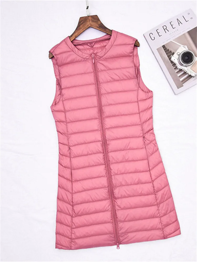 

Women Spring Autumn Lightweight O-Neck Down Vest For Ladies Medium Long Collarless Slim Fit Solid Color Zipper Warm Down Jacket