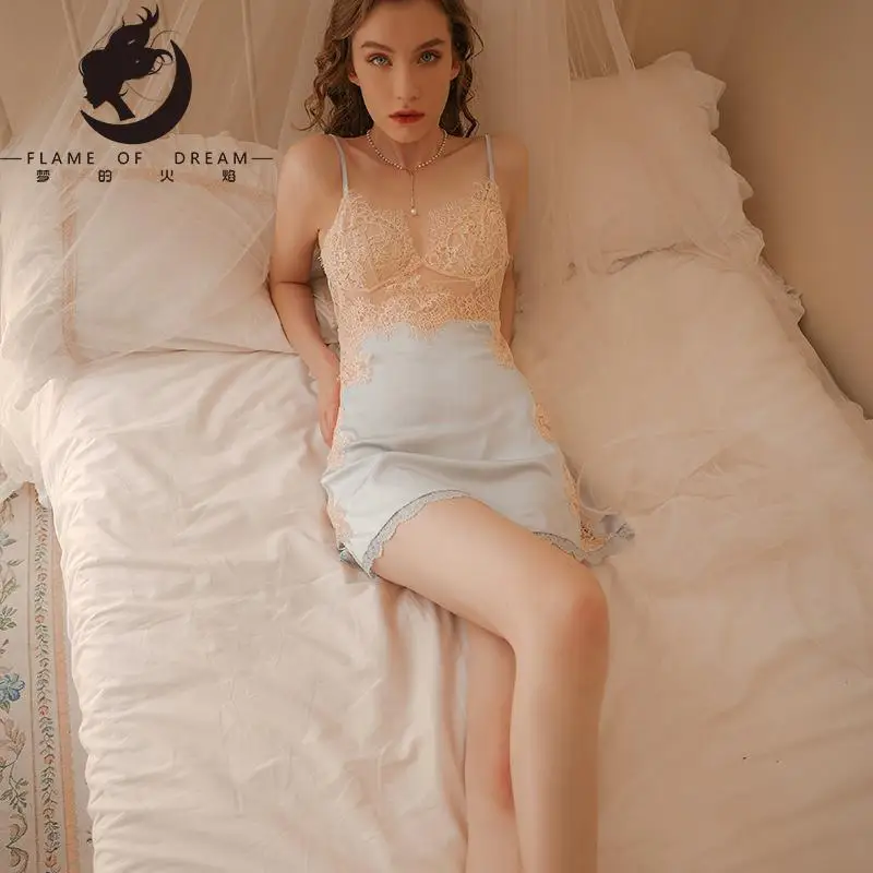 Flame Of Dream Emotional Sexy Satin Suspender Nightdress Pure Desire  Summer Ice Back Home Pajamas With Cushion 221515
