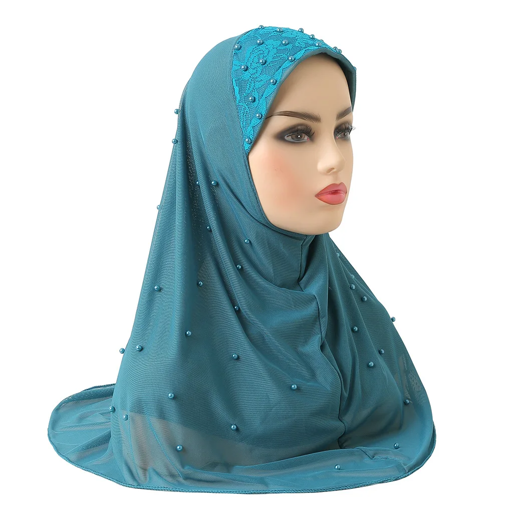 H078 high quality two layers net material muslim Al amira hijab with beads pull on islamic scarf head wrap headweaer soft fabric