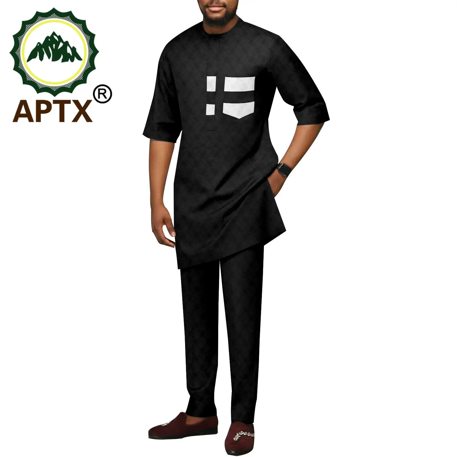 APTX African Attire Dashiki Men's 2 Pieces Set Half Sleeves Patchwork Top +Slim Pants Daily Casual Suit TA2216150