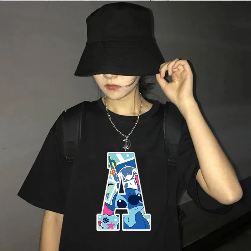 

2022 Летние черные футболки с рисунком диснеевских ститчей и надписями, милые футболки с рисунком из мультфильма, удобная женская футболка Y2k,...