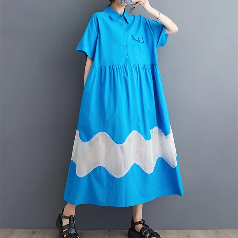 

Сетчатое шикарное свободное летнее платье-блузка в европейском и американском стиле в стиле пэчворк для девушек офисное платье для работы модное женское Повседневное платье