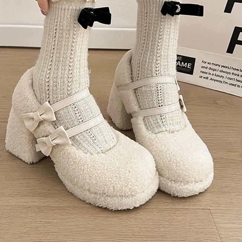 Туфли на высоком меховом каблуке модные туфли Мэри Джейн мелком женские