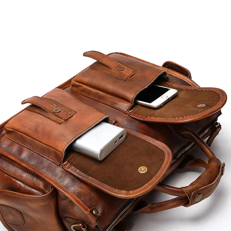 Luxury Crazy Horse Genuine Leather Men Handbag Large Capacity Briefcase Retro Shoulder Messenger Bag Male Travel Hand Tote Bag