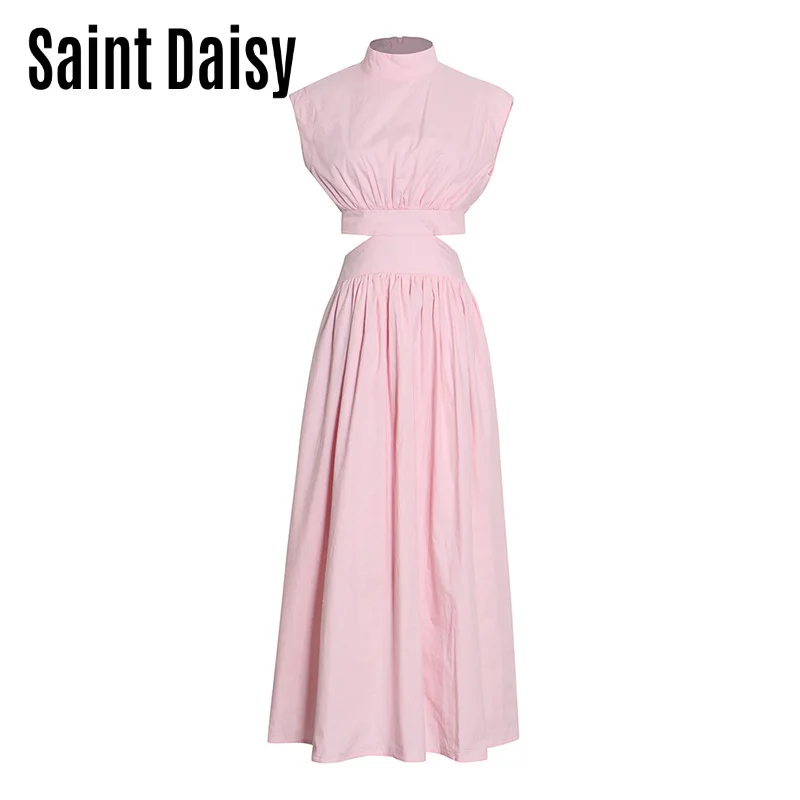 SaintDaisy Elegant Dresses for Women 2022 White Pink French Summer Vintage Hollow Out Sleeveless Style Zipper Turtleneck 5393