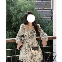 2022 spring summer and autumn printed dress for woman high waist square collar elegance retro puff sleeve ink painting dress