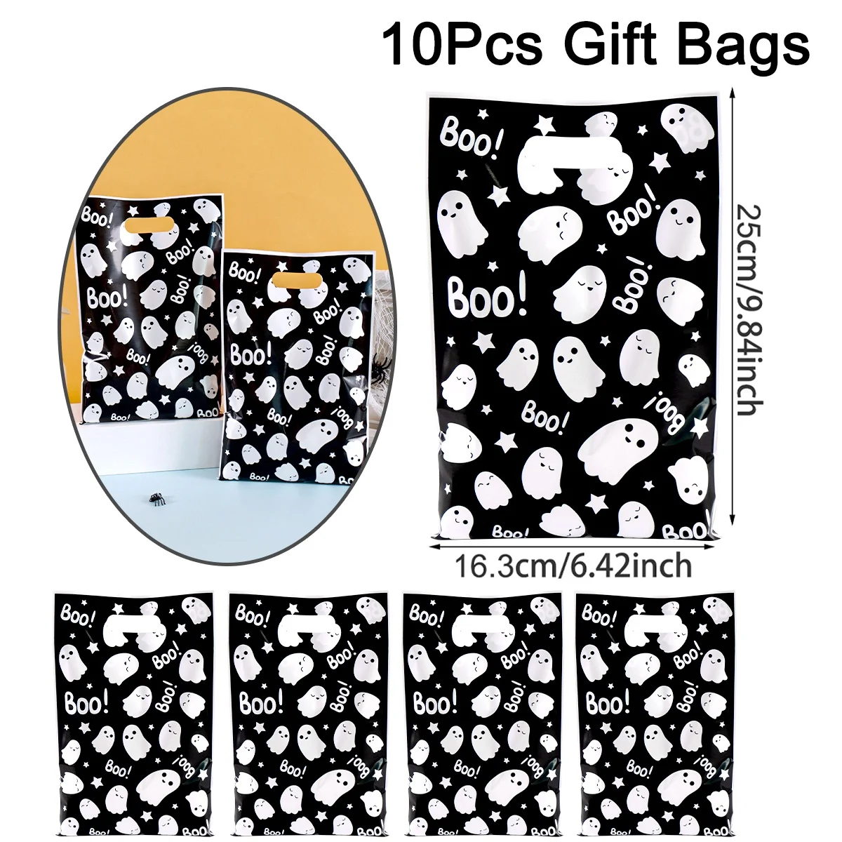 

Черные пластиковые подарочные пакеты для Хэллоуина с дизайном призраков (10/20/50 шт.)