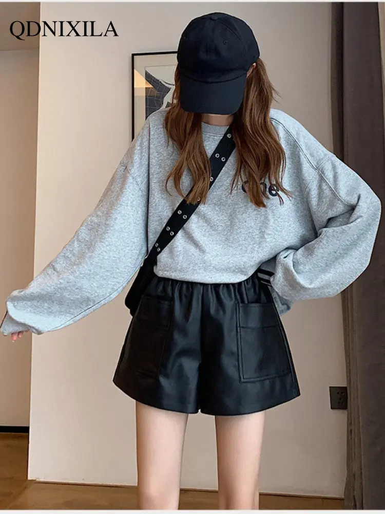 2022 Autumn Winter Fashion Leather Shorts for Women New PU Loose Wide Leg High Waist Bottomed Boots and Pants Womens Clothing