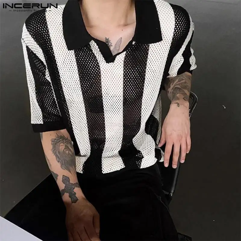 

INCERUN Tops 2023 Korean Style New Men's Striped Hollowed Knitted Shirts Casual Streetwear Male Short Sleeved Lapel Blouse S-5XL