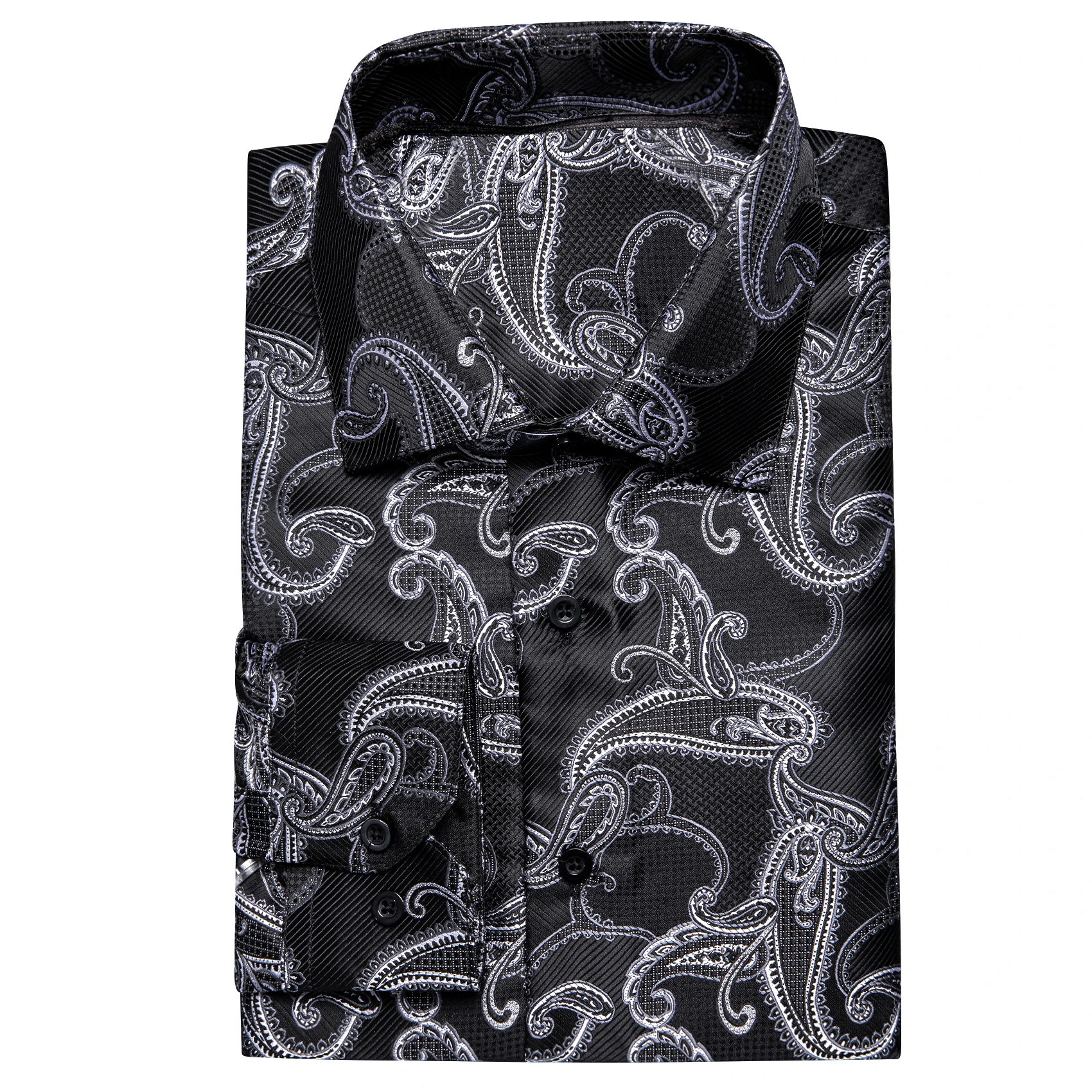 Hi-Tie Men's Silk Shirts Long Sleeve Lapel Black Grey Paisley Shirt For Male Soft Breathable High Quality Business Daily Use XXL