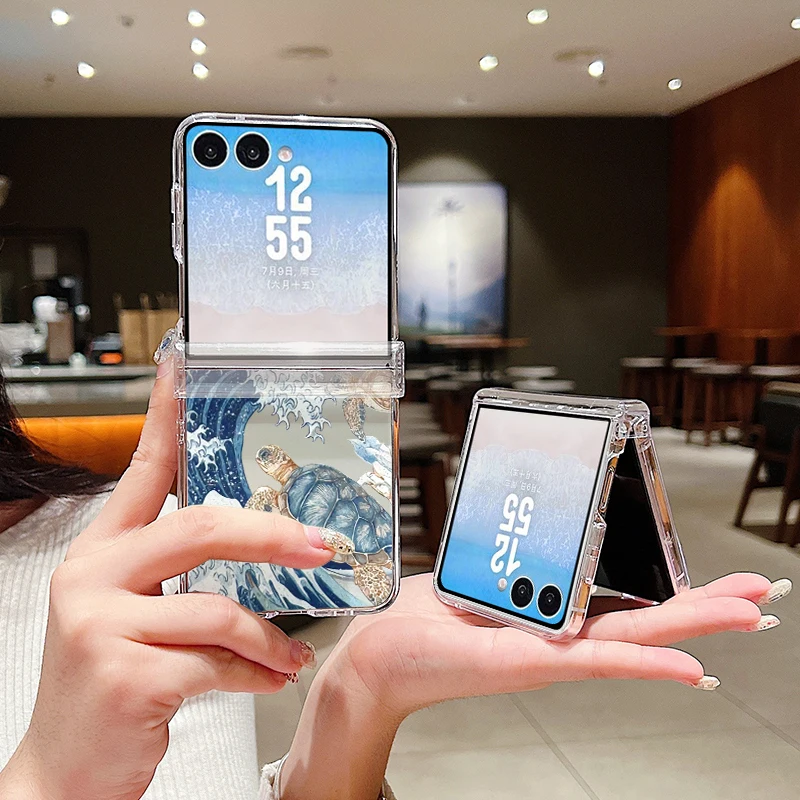 Фото Чехол для телефона с рисунком черепахи для Samsung Galaxy Z Flip 7 6 5 4 3 5G Flip7 Flip5 Flip6, противоударный прозрачный складной жесткий чехол №4