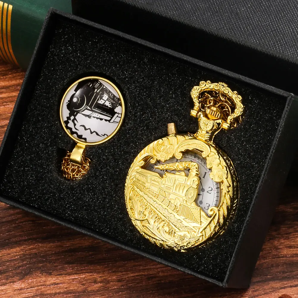Mens Pocket Watch LED Luminous Top Luxury  Quartz Retro Pocket Watch Steampunk Hollow Train Carving Clock Gift Set Карманные час