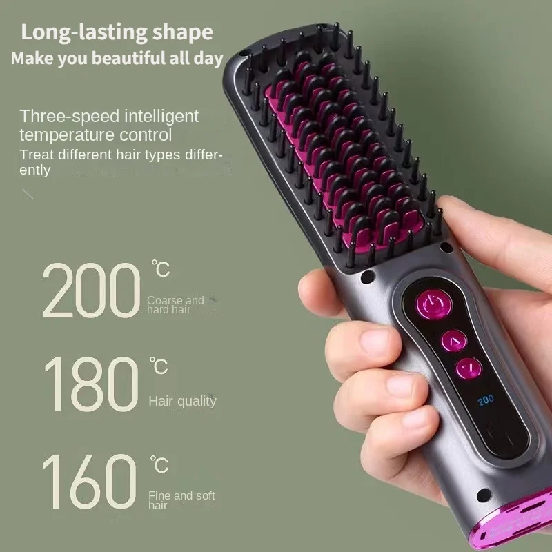 

New Wireless Professional Hair Straightener Curler Comb Fast Heating Negative Ion Straightening Curling Brush Styling Tool
