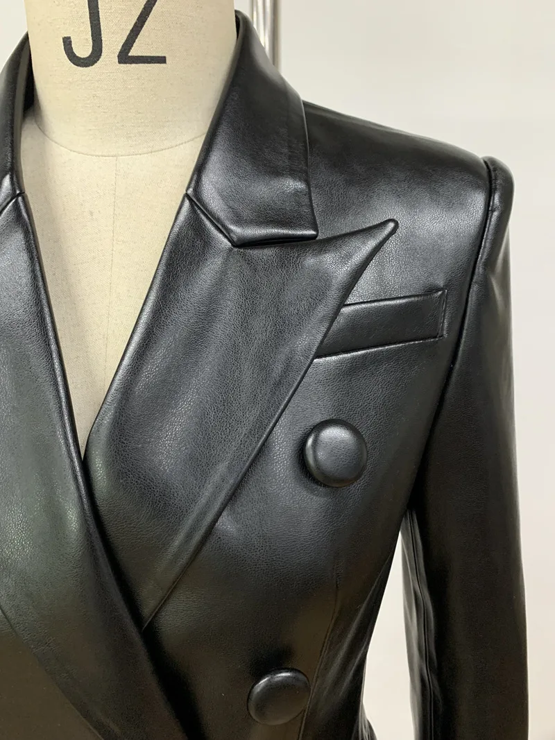 LXUNYI Black Leather Blazers Women Spring Autumn Slim Double Breasted Fashion Woman Faux Leather Jacket High Quality Formal Coat