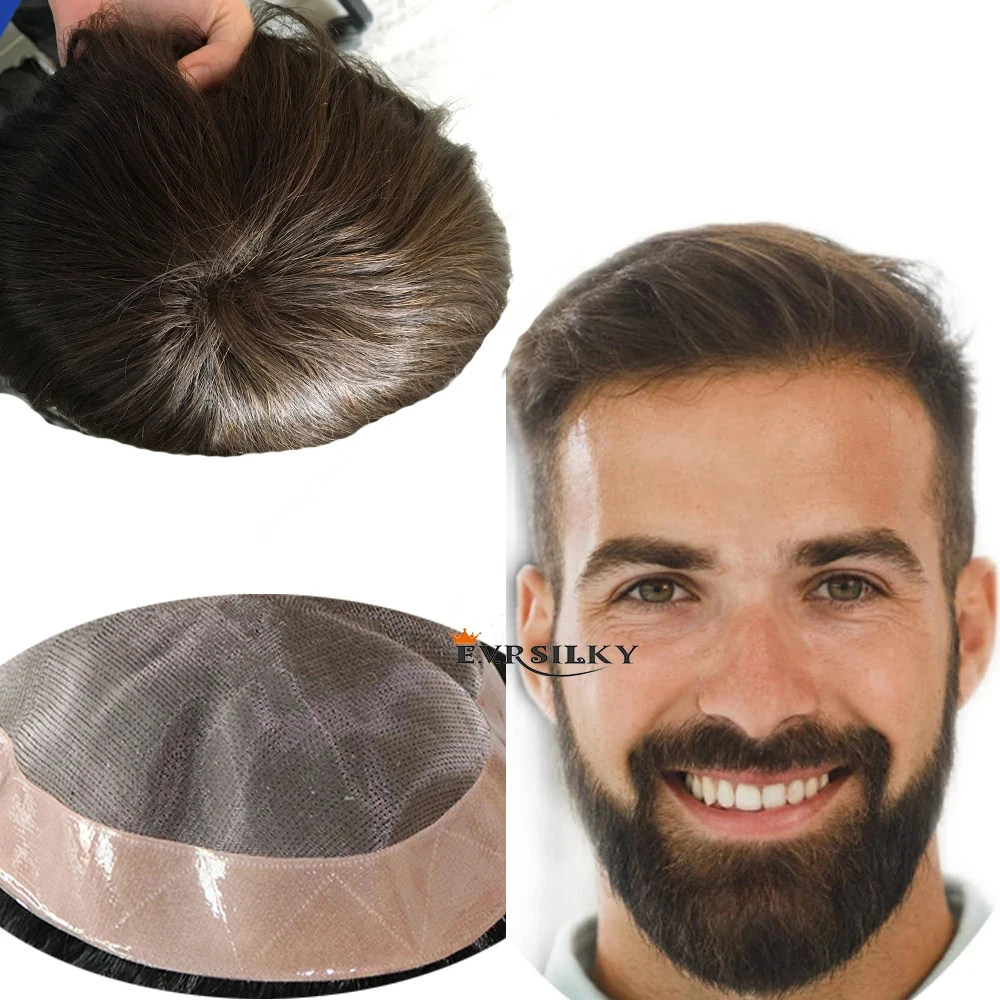 Unidad de cabello humano Remy marrón #4, sistema de reemplazo, Mono Base de encaje con Pu para hombres, tupé, prótesis de cabello capilar negro