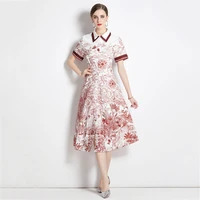 new vintage floral printed midi dress women turn down collar short sleeve long vestido high waist elegant luxury party dresses