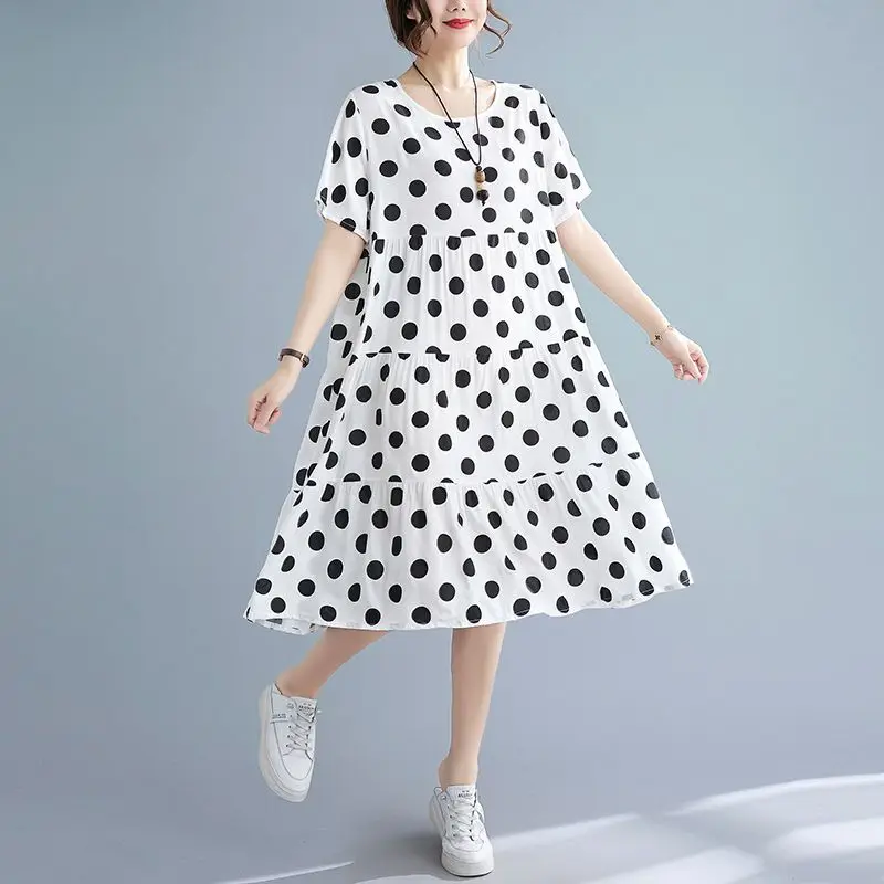 

Женское винтажное платье в горошек, хлопково-льняное Повседневное платье средней длины с коротким рукавом, элегантная одежда свободного покроя, E12, лето 2023