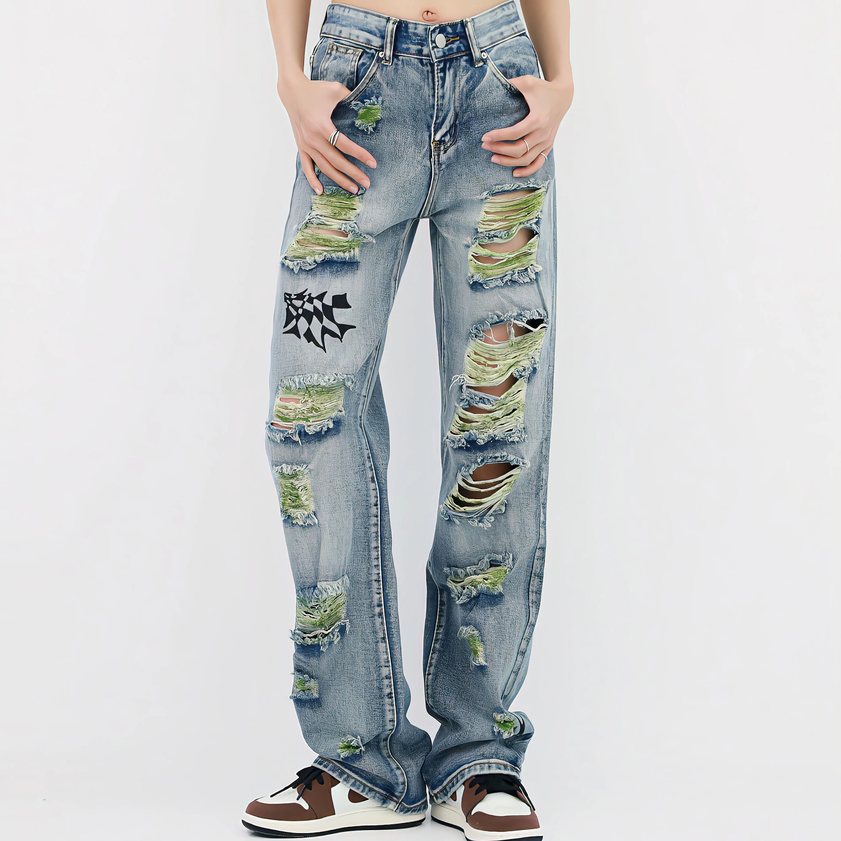 

Джинсы женские рваные с низкой посадкой, зеленые винтажные мешковатые брюки с принтом и заниженной талией, с дырками в уличном стиле, лето