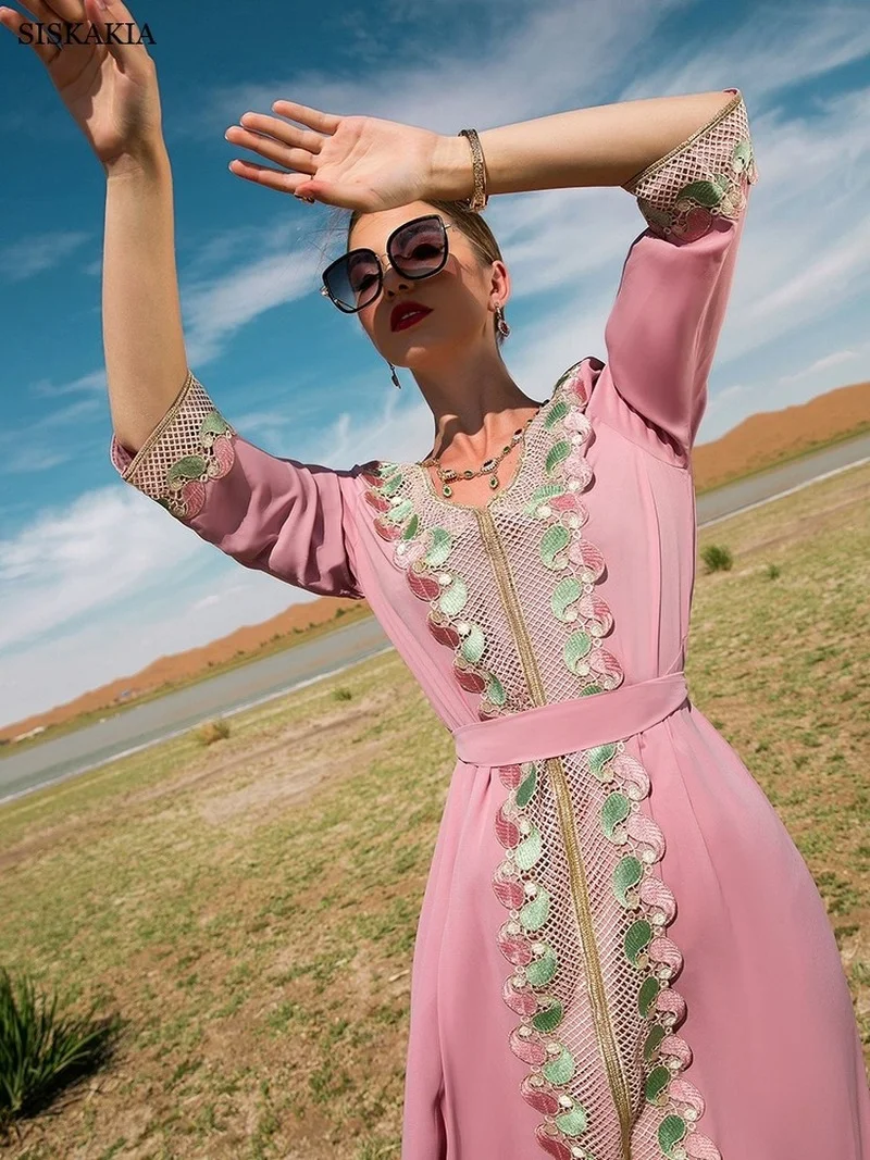Cherry Pink Lace Embroidered Long Dress Elegant Vintage Holiday Gorgeous Gulf Moroccan Caftan Dubai Abaya Summer 2022
