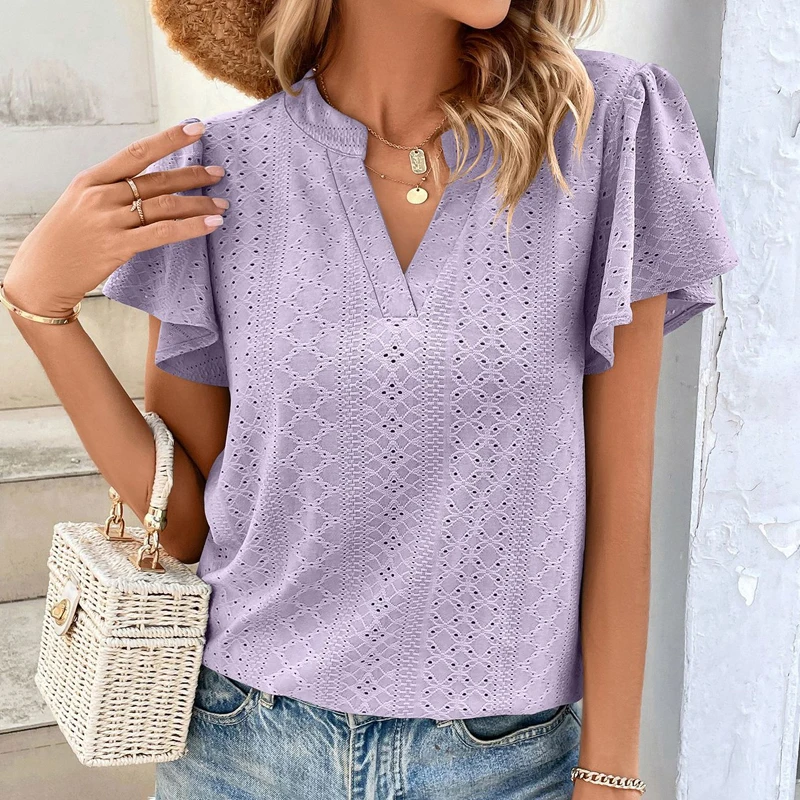 

Casual Hollow Office Lady Blouse Short Butterfly Sleeve Solid Color Tops Summer V-Neck Shirt Fashion Women Clothes Blusas 26481