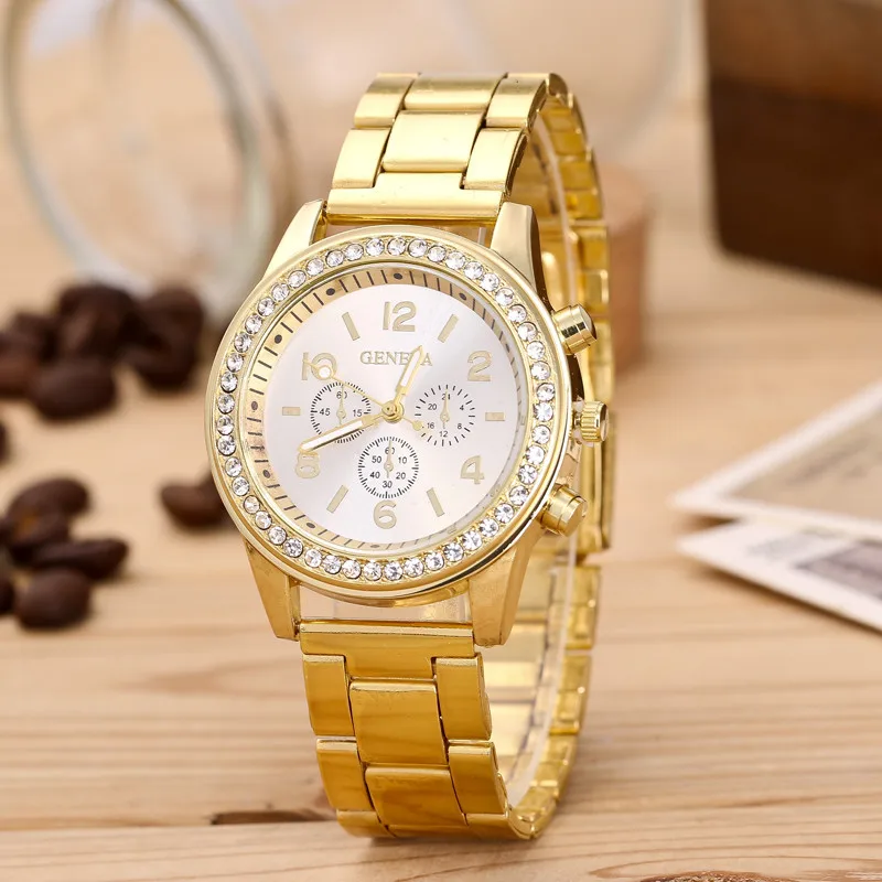 

2019 Luxury Geneva Brand Women Gold Stainless Steel Quartz Watch Crystal Casual Wrist Watches Relogio Feminino reloj mujer