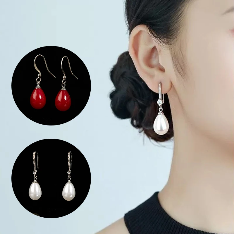 

Изысканные модные серебряные серьги-подвески с имитацией жемчуга для женщин, блестящие красные, зеленые круглые серьги