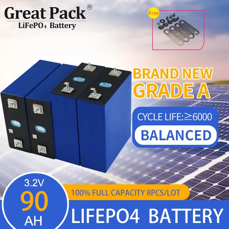 

Deep Cycle 8PCS 3.2V 90Ah Solar Power Bank Battery Cell LiFePO4 Rechargeable Brand New Grade A Lithium Ion with Busbars for RV