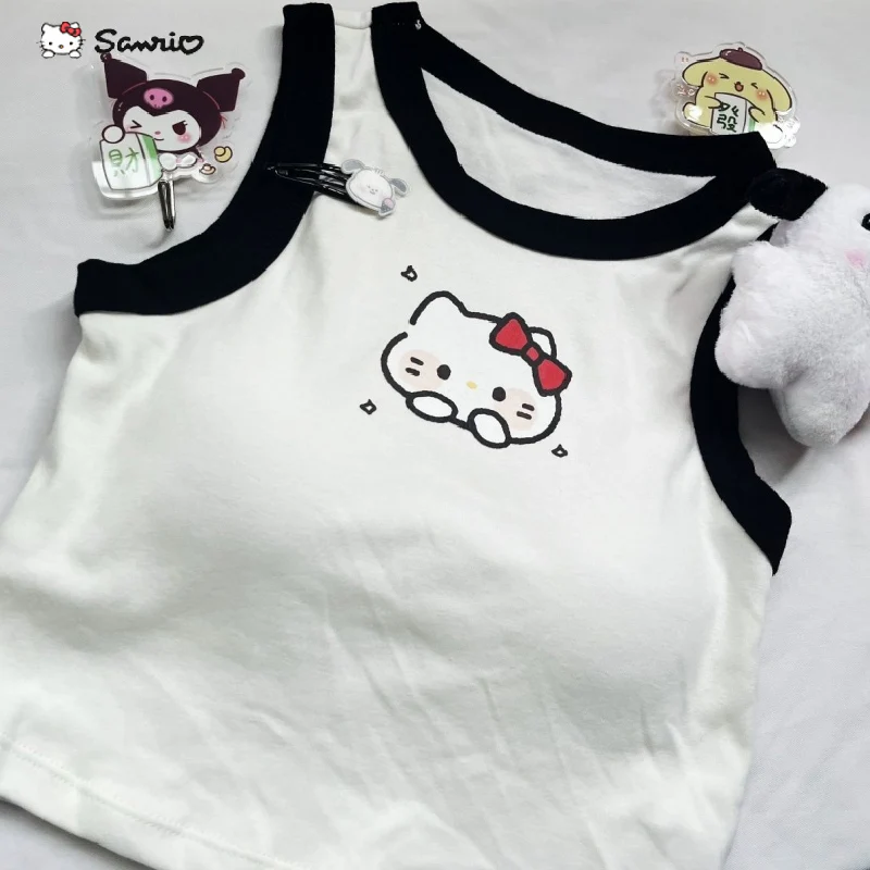 

New Sanrio Women Tank Top Kawaii Hello Kitty Kuromi Anime Print Cute Girl Y2K Crop Top Fashion Sexy Vest T-shirt with Bra Pad