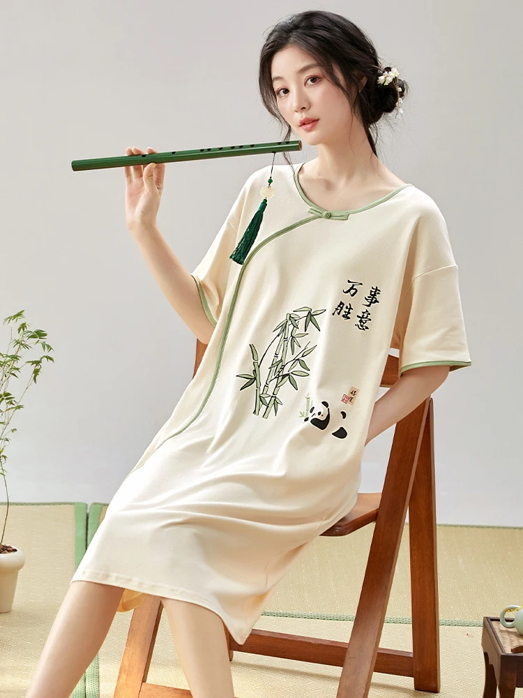 Ночная рубашка женская летняя из чистого хлопка с короткими рукавами в китайском