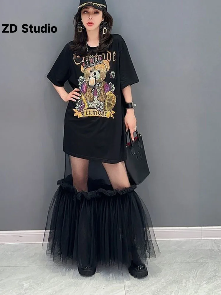 

[ZD Studio] Europe Station 2023 Summer New Korean Edition Hot Diamond Little Bear Mesh Dress With Slender For