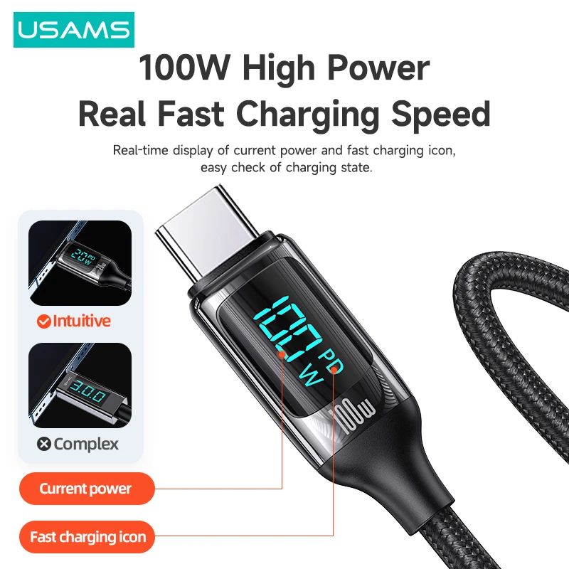 USAMS U78 PD 100W Digital Display Cable For Macbook iPad Air Pro Type C Fast Charging Data Cable For Huawei Xiaomi Samsung OPPO