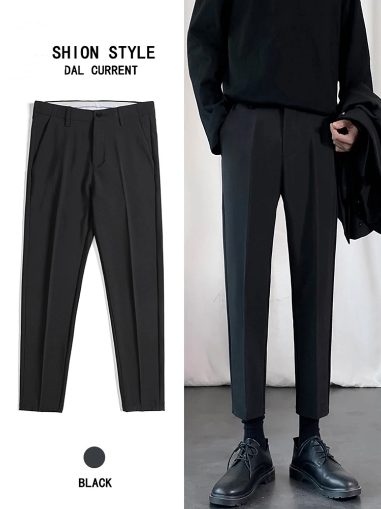 Autumn and Winter Small Suit Pants Men's Cropped Slim fit Casual High-Grade Draping Effect Trousers Fleece-...