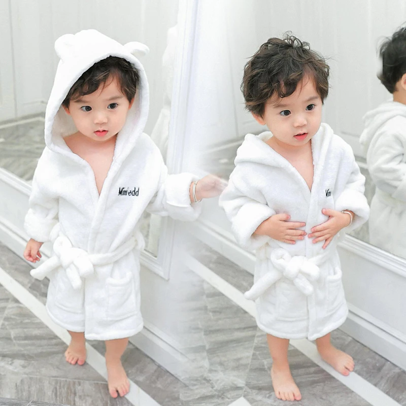 

Fashionable 2023 Kids Bath Robes Winter Baby Kids Bathrobe Solid Color Flannel Bathgrowns For Toddler Girls Soft Belt Pyjamas