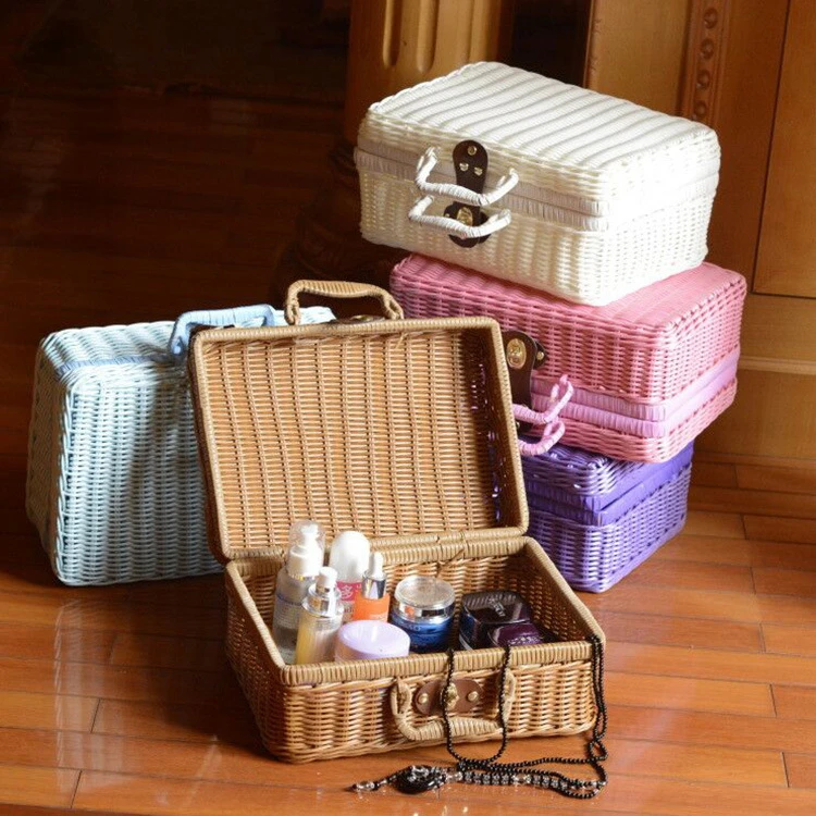 

Imitation Rattan Vintage Suitcase Artific Rattan Picnic Box Portable Cosmetics Storage Boxs Storage Basket Gift Decoration Box