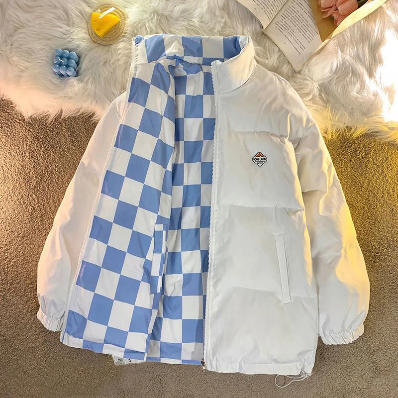 

Зимняя клетчатая стеганая куртка, Двусторонняя одежда, Женская Шахматная свободная стеганая куртка 2023, утепленное теплое пальто в стиле Харадзюку