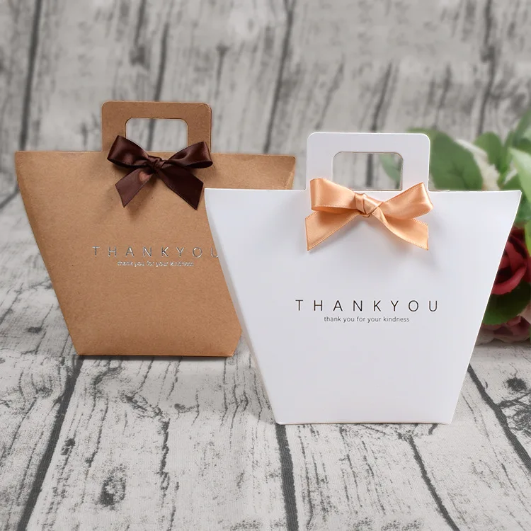 

50pcs White Bronzing "Thank You" Kraft Paper Candy Box With Ribbon Gift Packaging Bag Party Favor Bag Wedding Birthday Decor