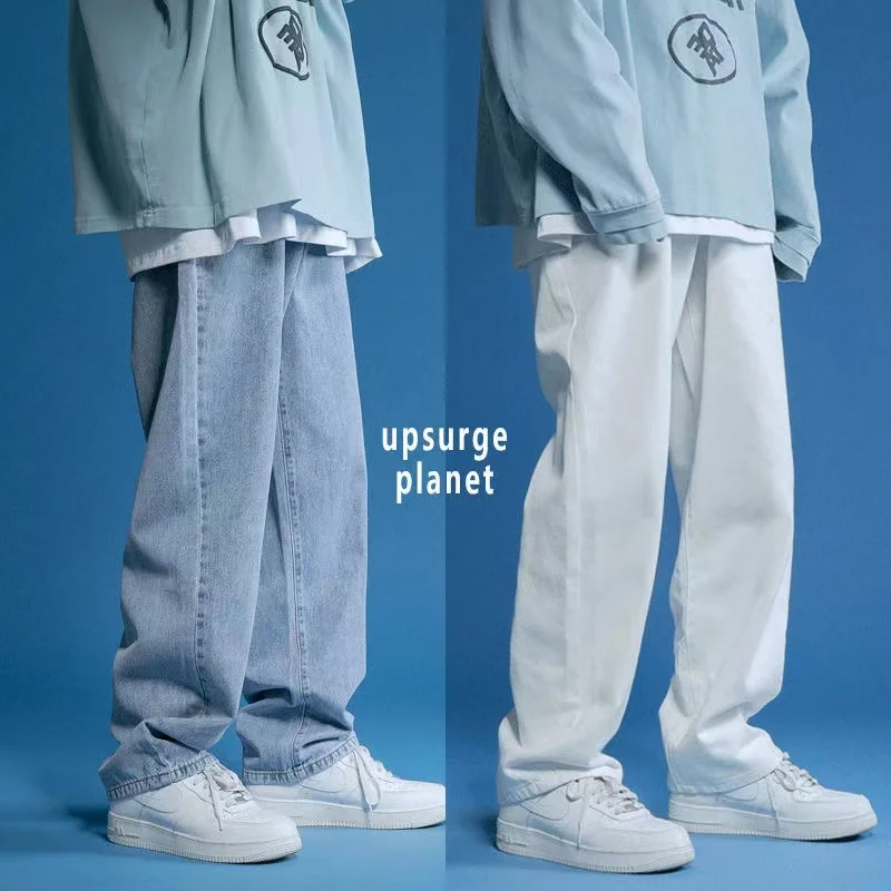 

Straight Jeans Men Blue Loose Denim Trousers Neutral Jean Streetwear Pure Casual Summer Wide Jeans Man Women Bagy Pants Hip H
