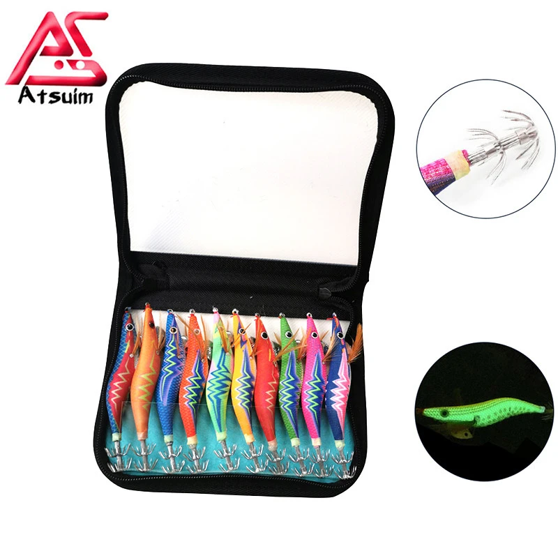 AS 10pcs Hard Bait Luminous Shrimp Squid Jigs Set 2.5#3.0#3.5# Sea Fishing Lure Set Artificial Cuttlefish Octopus Winter Fishing