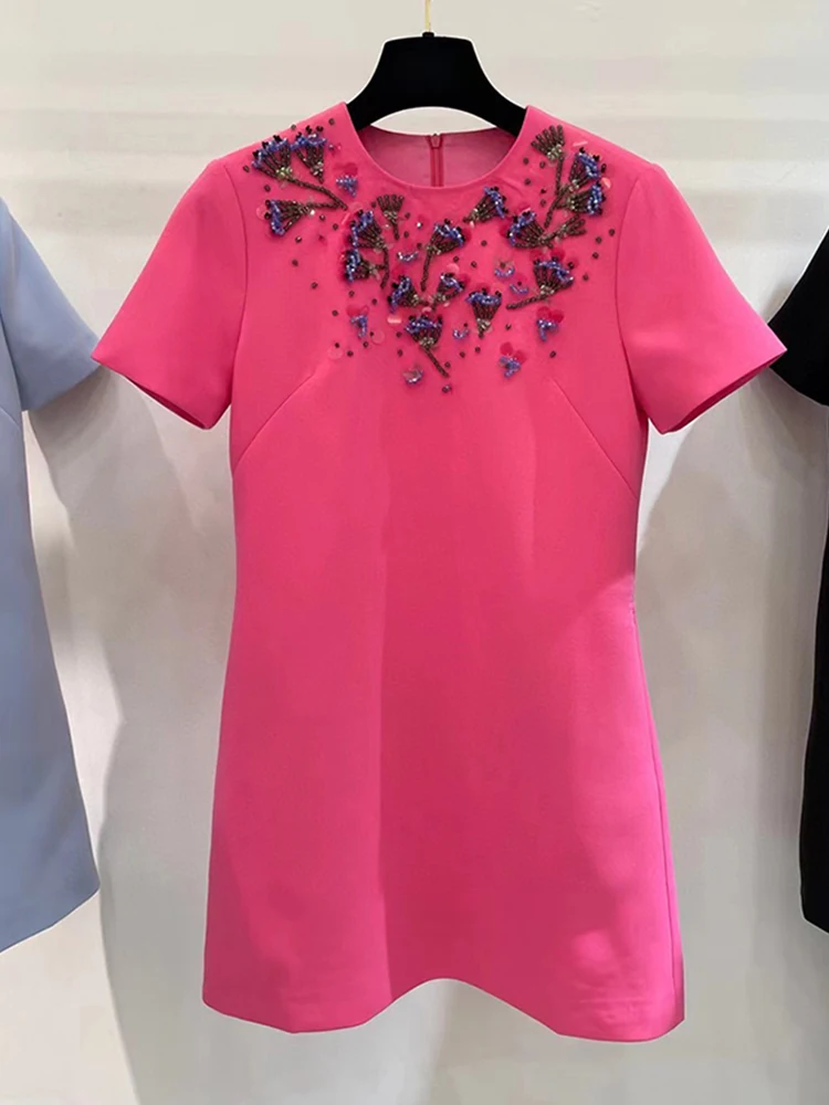 

2022 Summer Designer Mini Dress Women Rose Red Blue Black Luxury Beading Short Sleeve Elegant Party
