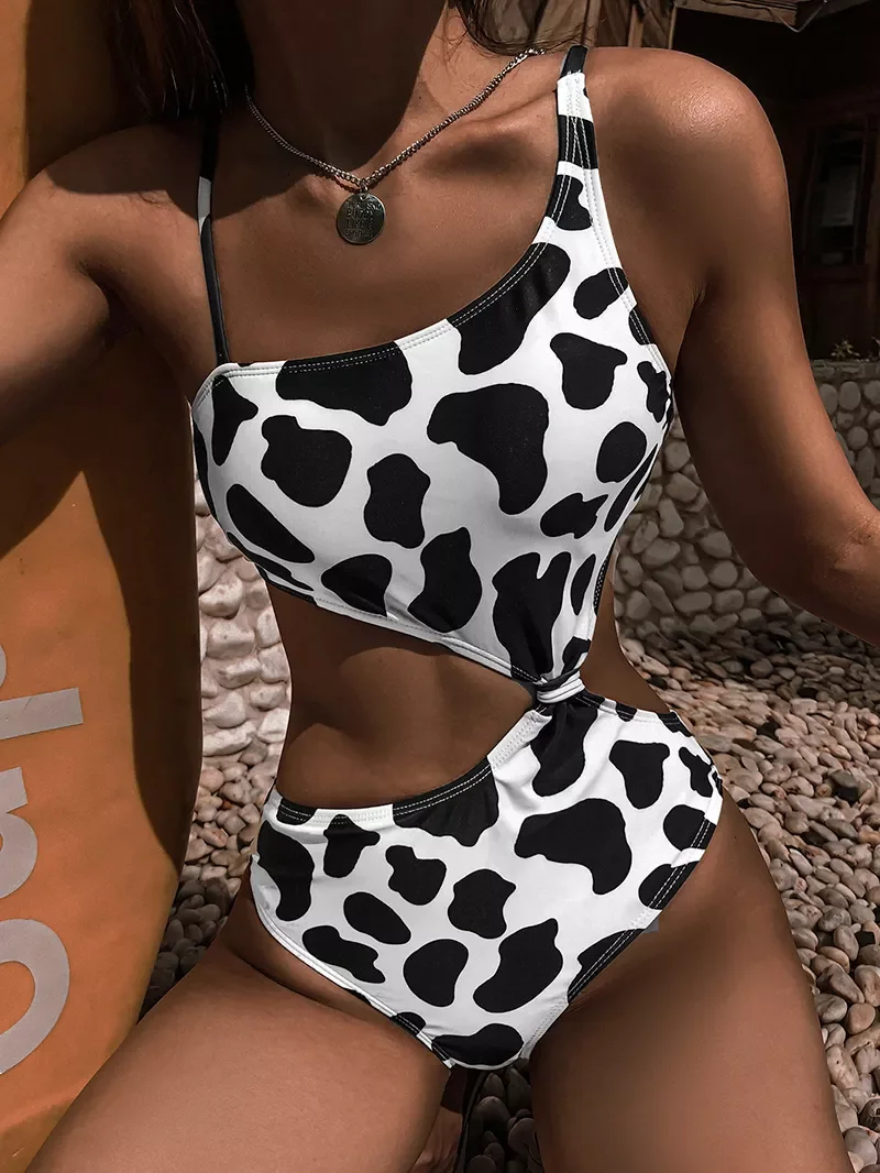 

Sexy Cow Printed Asymmetric Female Swimwear One Piece Swimsuit Women High Cut Out Monokini Bather High Waist Bathing Suit Swim