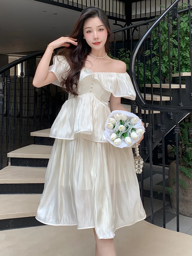

French Summer Women Evening Dress Sweet Lady Chiffon Sexy Off-Shoulder Ruffle Midi Gown Party Beach Birthday Robe Mujer Vestidos