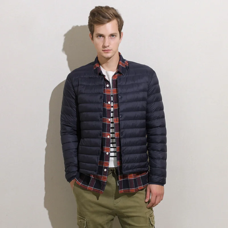 Men White Duck Down Jacket Ultra Light Thin Lining Coat V-Neck Casual Short Outwear New Autumn Winter