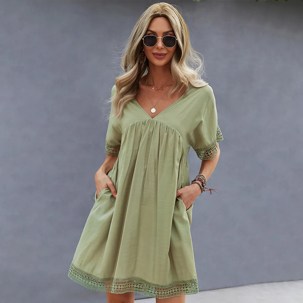 

V-neck Casual Solid Women's Dress Batwing Sleeve Sexy Dress