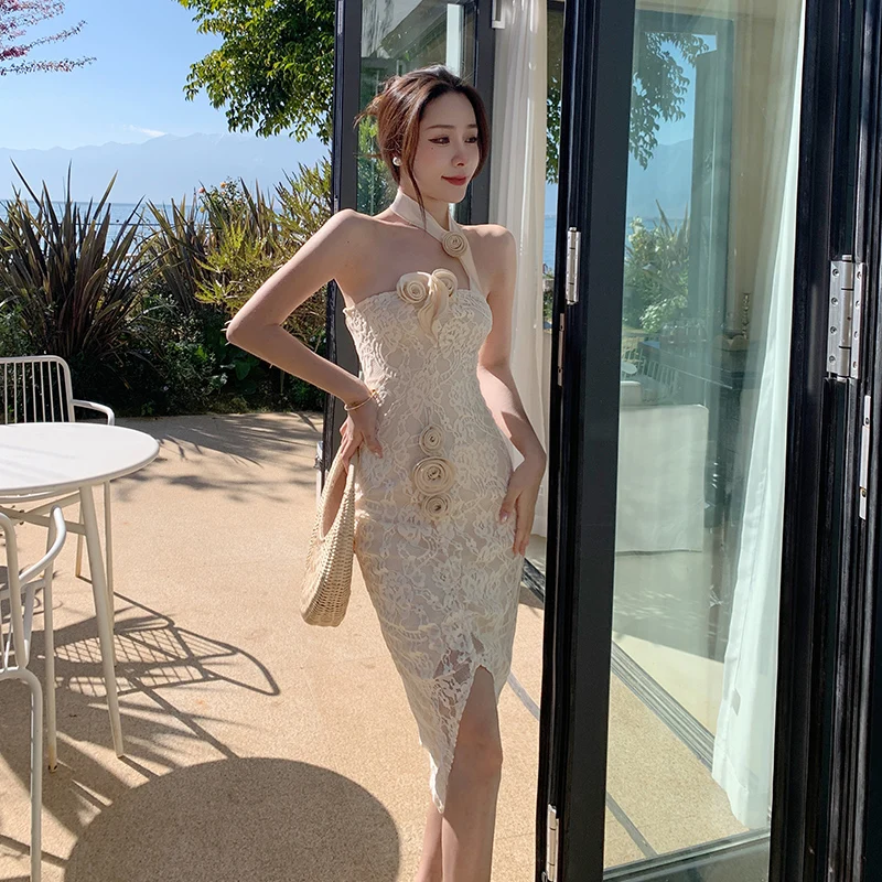 

Beach Style Backless Women's Party Sexy Dress 2022 New High Waist Elegant Summer Sheath Vacation Lace Female Clothing