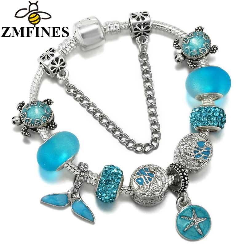 

Ocean Blue Style Beads Pendant DIY Snake Chain Original Charm Bracelet For Women Party High Quality Jewelry Dropshipping