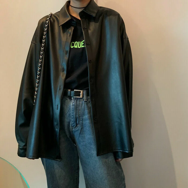 WOMEN'S REAL LEATHER SHIRT CLASSIC BUTTON DOWN BLACK LEATHER OVERSIZED JACKET