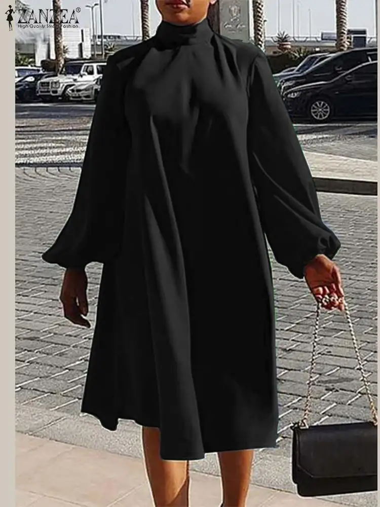 

ZANZEA Fashion Streetwear Vestidos Casual Loose Dress Plain A-line Knee-length Dress High Neck Long Puff Sleeve Women Robes