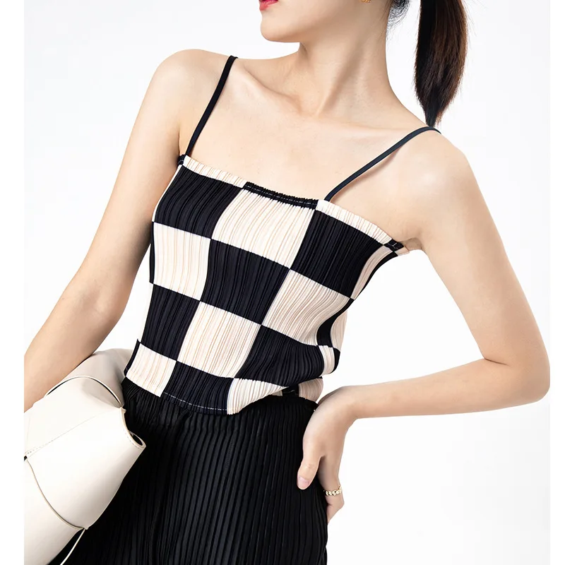 Miyake pleated top with small suspenders inside women's 2022 summer new plaid vest ladies outside wear camisole