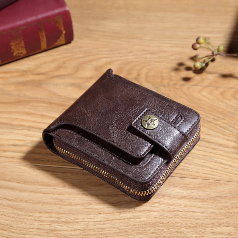 

Короткий винтажный кошелек для мужчин, кожаный бумажник с кармашком для мелочи, Мужской многофункциональный компактный держатель для мелочи тройного сложения