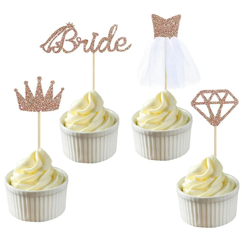 

JOLLYBOOM 4pcs Rose Gold Gauze Dress Crown Diamond Cupcake Decoration Glitter Powder Wedding Party Cake Decoration Wedding Gift